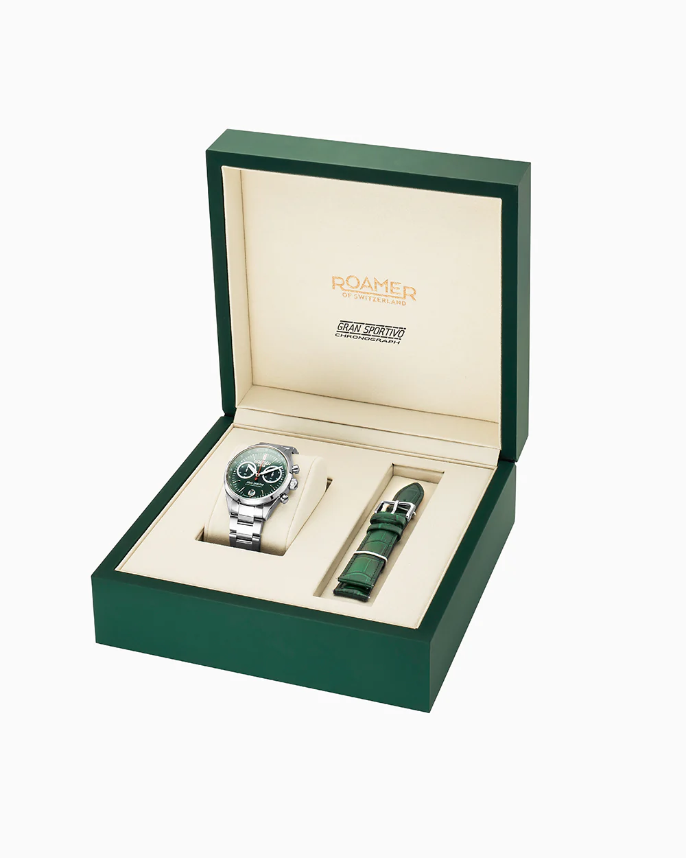 Gran Sportivo 41.5mm Quartz Chronograph Date Green Sunray Dial Silver Bracelet Green Leather Strap Set Sapphire antireflection glass  Stainless Steel swiss watch - Image 3