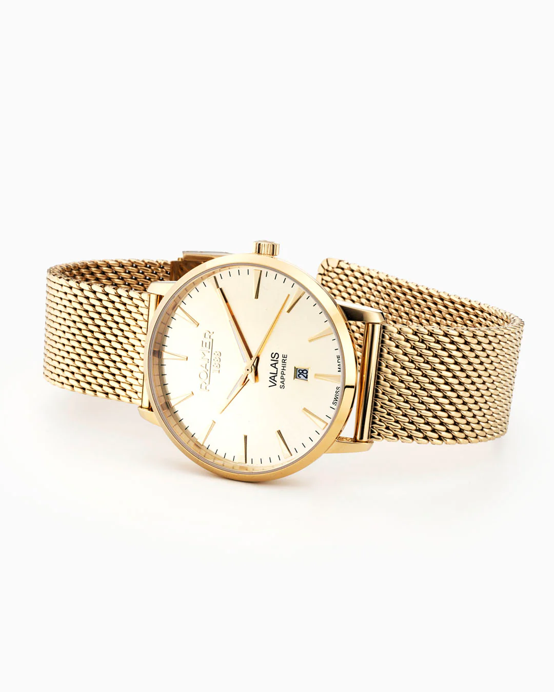 Valais Gents Interchangeable Box Set 42mm Quartz Three-Hand Date Champagne Dial  Brown Leather Strap and Milanaise Gold Bracelet Tone Sapphire glass Stainless Steel swiss watch - Image 4