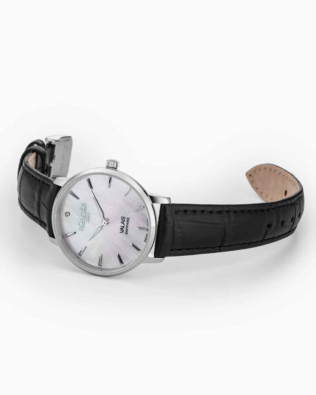 Valais Ladies Interchangeable Box Set 32mm Quartz Three-Hand Date White MOP Dial Black Leather Strap and Stainless Steel Milanaise Bracelet Sapphire glass Stainless Steel swiss watch - Image 3