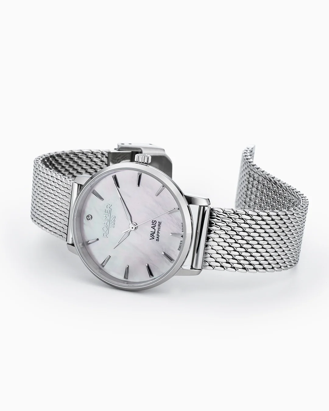 Valais Ladies Interchangeable Box Set 32mm Quartz Three-Hand Date White MOP Dial Black Leather Strap and Stainless Steel Milanaise Bracelet Sapphire glass Stainless Steel swiss watch - Image 4